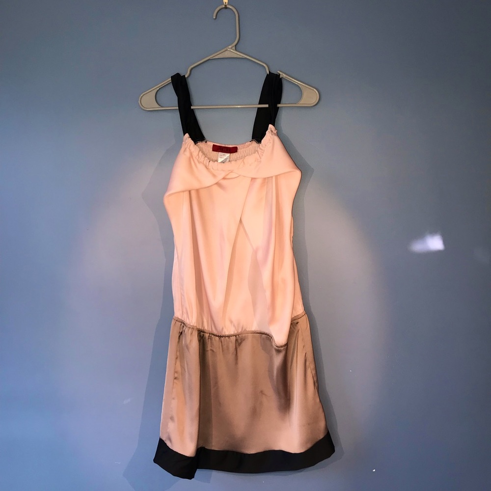 Akira colorblock pink + taupe + black drop waist dress